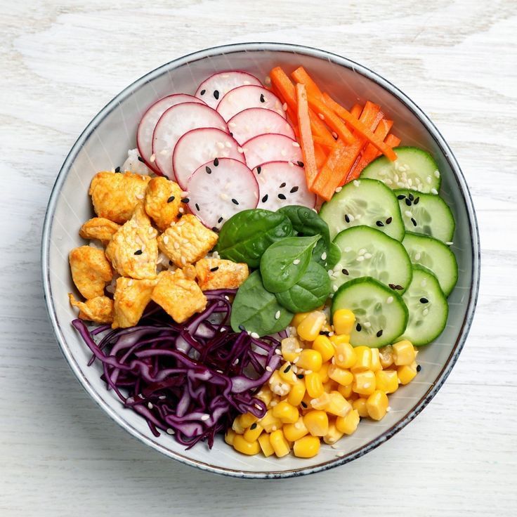 Colorful balanced plate with grains, vegetables, and legumes