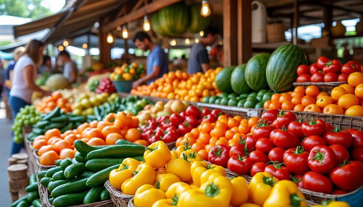 Colorful fresh produce displayed at a market stand